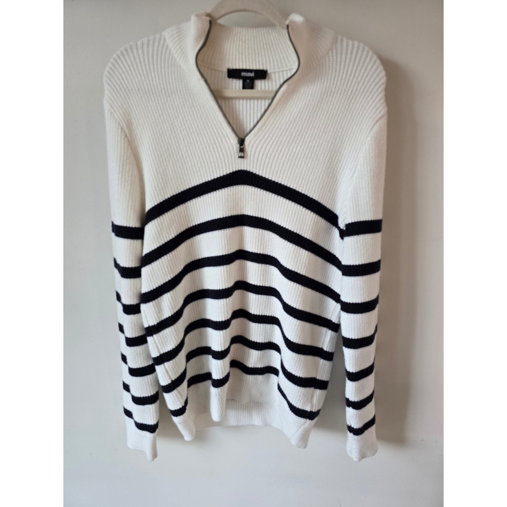 Mavi Mens White Navy Blue Striped Ribbed Quarter Zip Sweater Size M